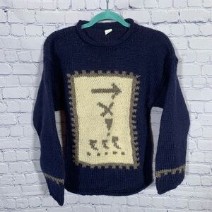 Mens Chunky Wool Roll Neck Sweater Navy Size M Printed Casual Made in Nepal